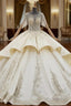 Champagne Ball Gown Satin Cap Sleeve Beading Sequins Wedding Dress