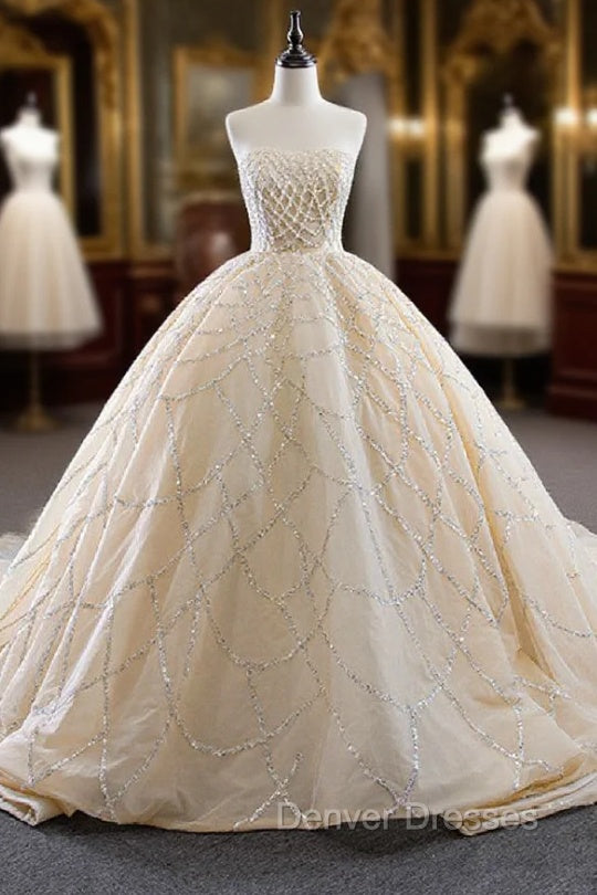 Champagne Ball Gown Sequins Beading Prom Dress