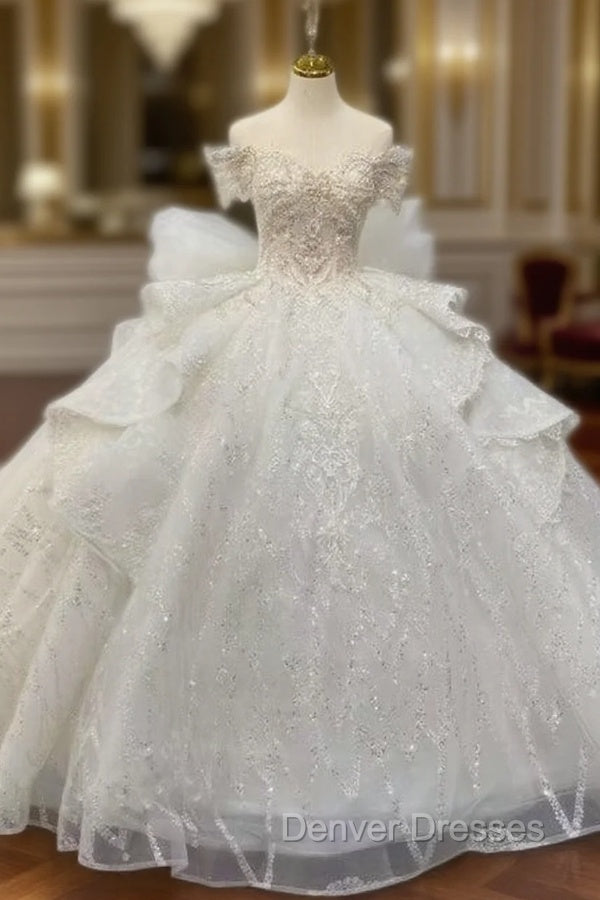 Champagne Ball Gown Sequins Gold Sequins Appliques Off the Shoulder Wedding Dress Main image