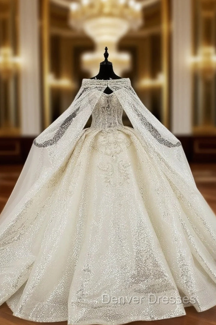 Champagne Ball Gown Sequins Sweetheart Beading Wedding Dress With Shawl Main image