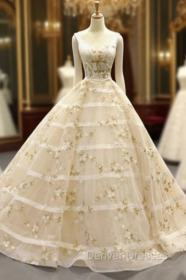 Champagne Ball Gown Straps Tulle Appliques Backless Sweet 16 Prom Dress Main image