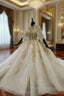 Champagne Ball Gown Tulle Appliques High Neck Short Sleeve Wedding Dress