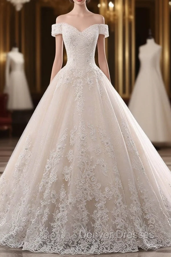 Champagne Ball Gown Tulle Appliques Off The Shoulder Wedding Dress