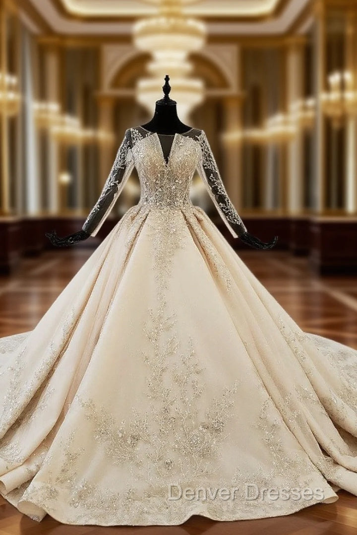 Champagne Ball Gown Tulle Backless Sequins Long Sleeve Wedding Dress