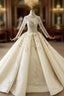 Champagne Ball Gown Tulle High Neck Long Sleeve Beading Wedding Dress