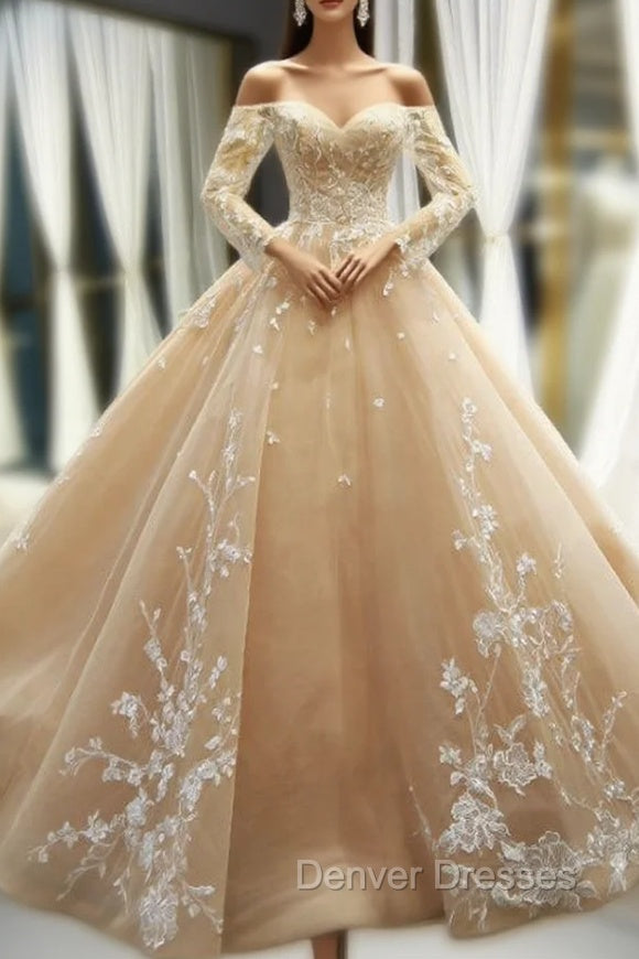 Champagne Ball Gown Tulle Lace Appliques Off The Shoulder Long Sleeve Prom Dress
