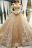 Champagne Ball Gown Tulle Lace Appliques Off The Shoulder Long Sleeve Prom Dress