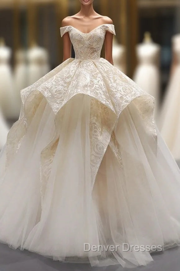 Champagne Ball Gown Tulle Lace Off The Shoulder Prom Dress