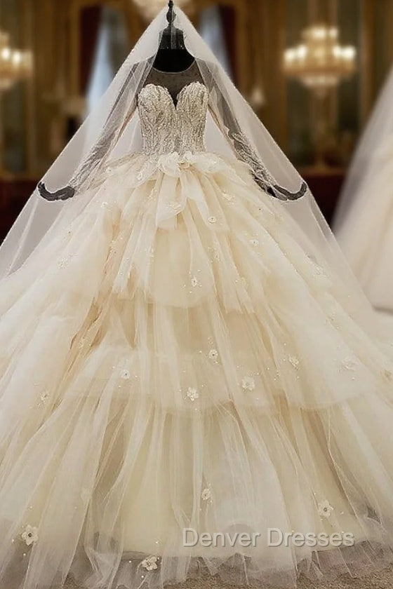 Champagne Ball Gown Tulle Long Sleeve Appliques Beading Wedding Dress Main image