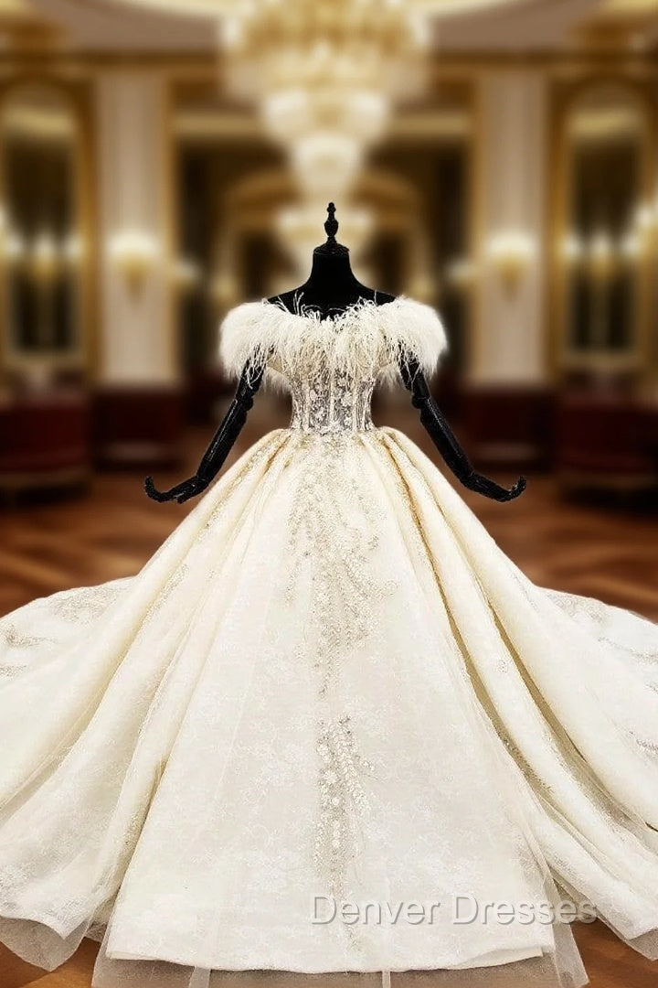 Champagne Ball Gown Tulle Off the Shoulder Appliques Beading Wedding Dress
