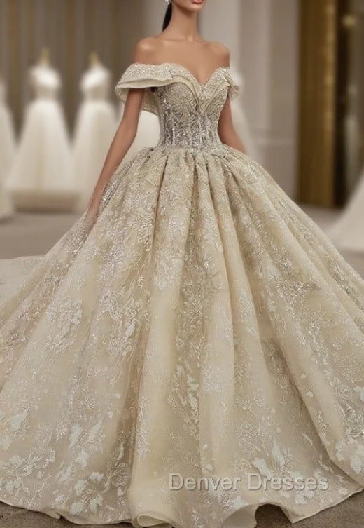 Champagne Ball Gown Tulle Sequins Appliques Beading Off the Shoulder Wedding Dress Main image