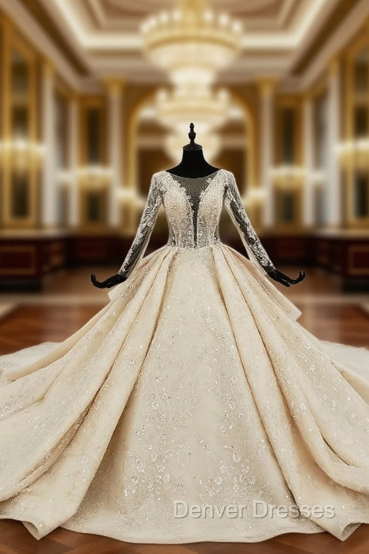 Champagne Ball Gown Tulle Sequins Appliques Long Sleeve Wedding Dress