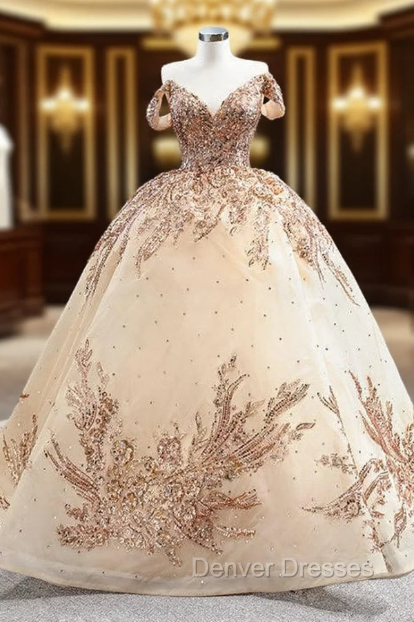 Champagne Ball Gown Tulle Sequins Beading Prom Dress