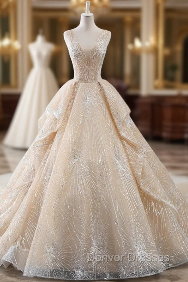 Champagne Ball Gown Tulle Sequins Bling Bling V-neck Wedding Dress Main image