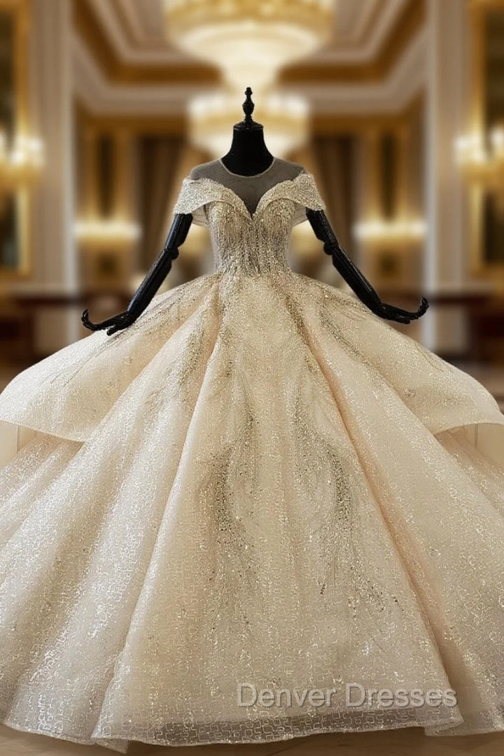 Champagne Ball Gown Tulle Sequins Cap Sleeve Backless Wedding Dress With Train Main image