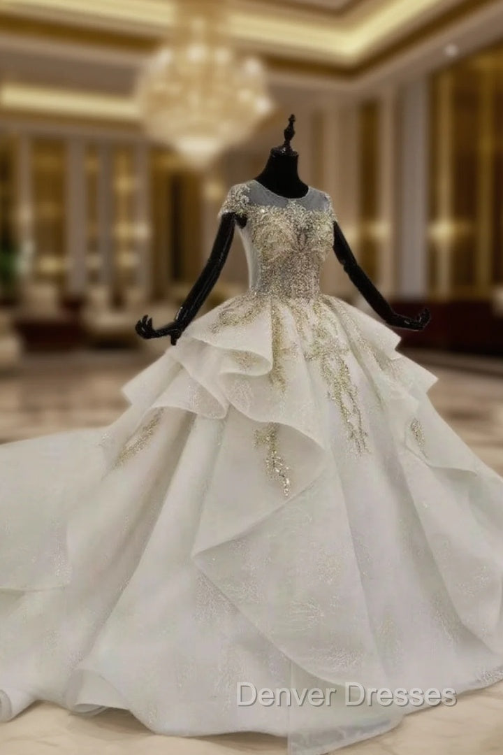 Champagne Ball Gown Tulle Sequins Cap Sleeve Backless Wedding Dress Main image