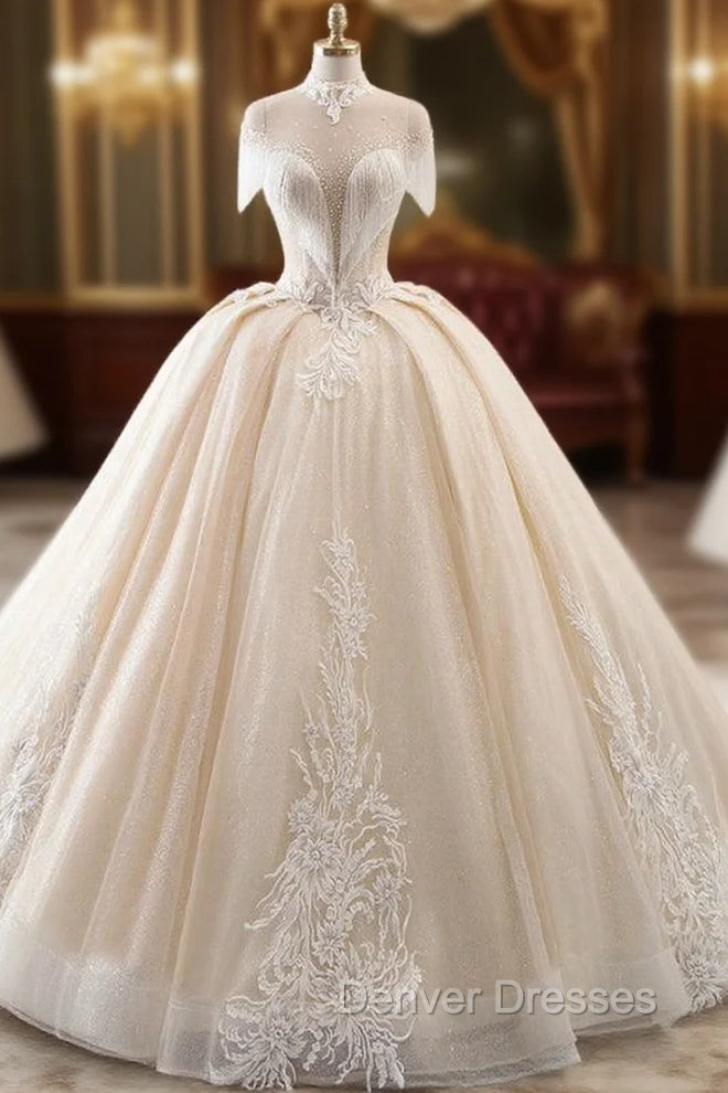 Champagne Ball Gown Tulle Sequins High Neck Backless Wedding Dress