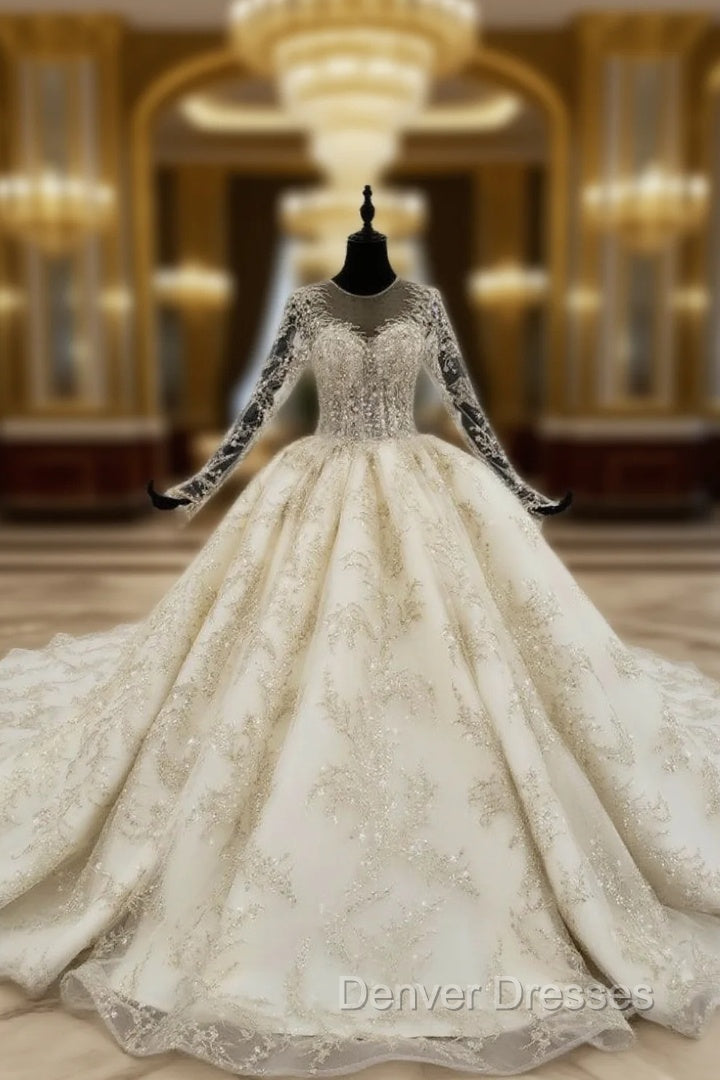 Champagne Ball Gown Tulle Sequins Long Sleeve Backless Appliques Wedding Dress Main image