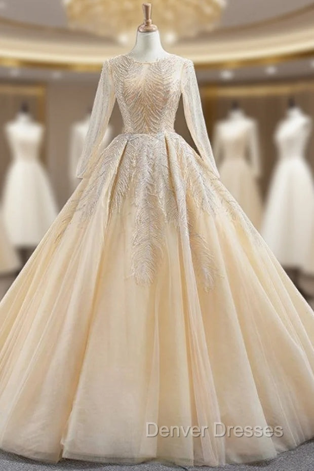 Champagne Ball Gown Tulle Sequins Long Sleeve Backless Prom Dress Main image