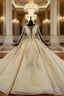 Champagne Ball Gown Tulle Sequins Long Sleeve Luxury Wedding Dress With Beading