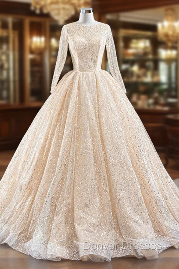 Champagne Ball Gown Tulle Sequins Long Sleeve Prom Dress Main image