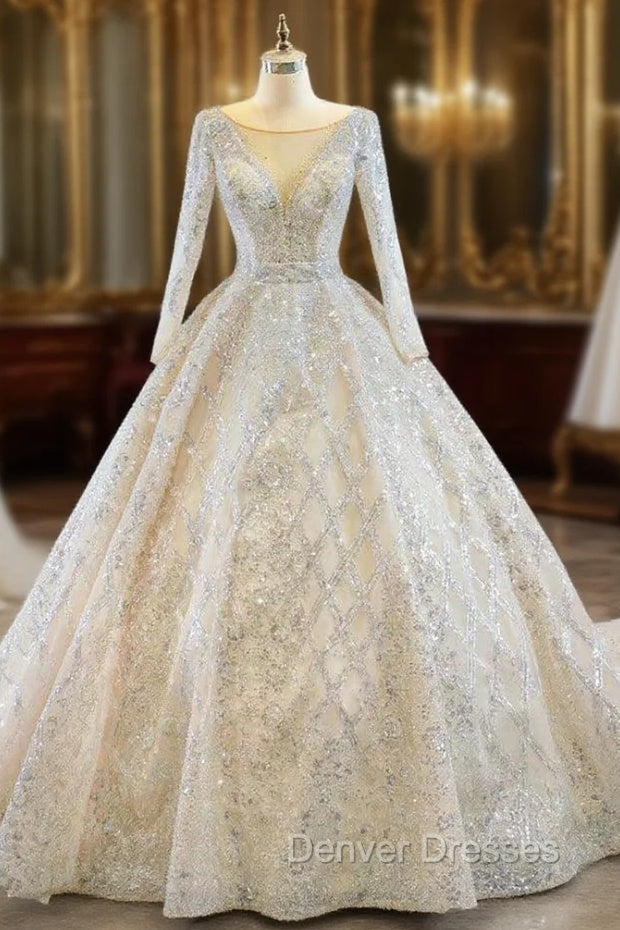 Champagne Ball Gown Tulle Sequins Long Sleeve Wedding Dress Main image