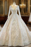 Champagne Ball Gown Tulle Sequins Long Sleeve Wedding Dress