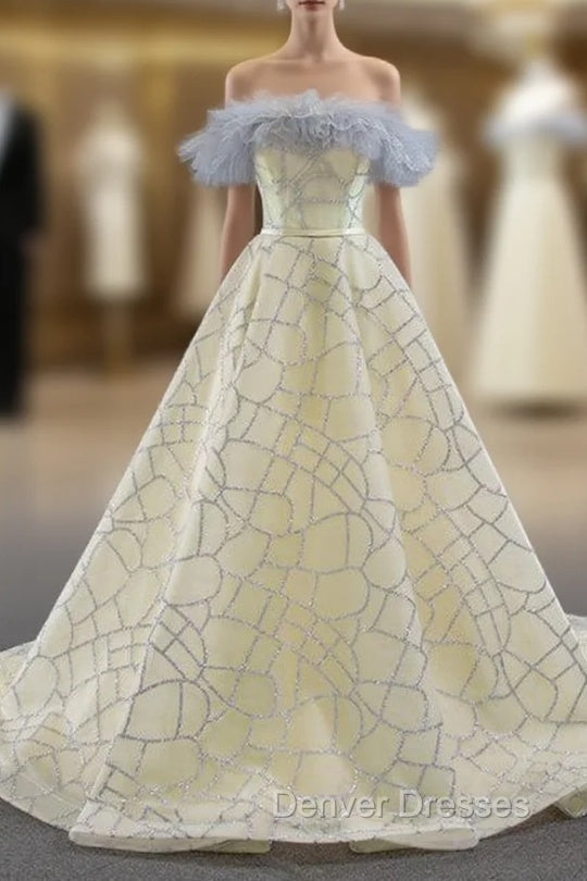Champagne Ball Gown Tulle Sequins Off the Shoulder Prom Dress
