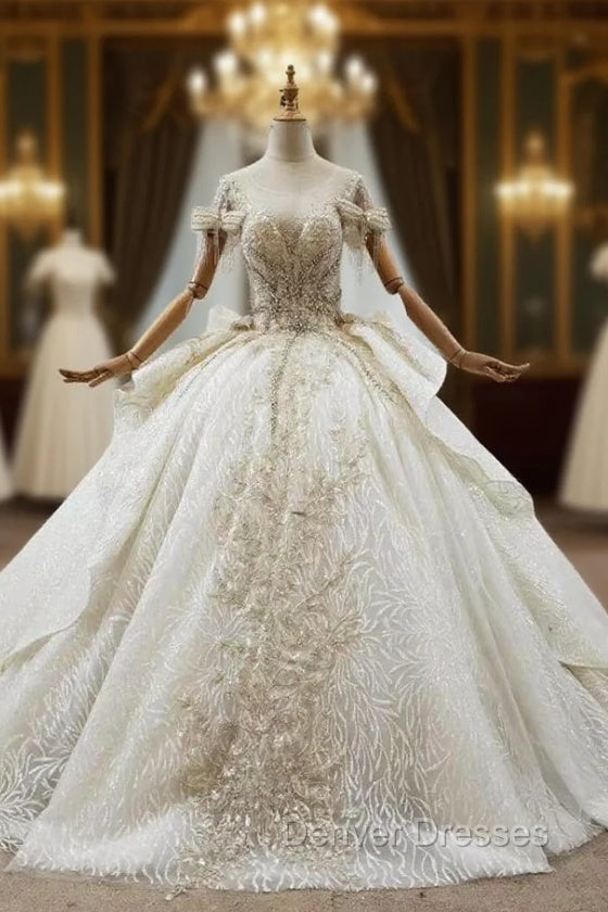 Champagne Ball Gown Tulle Sequins Short Sleeve Beading Bow Wedding Dress Main image