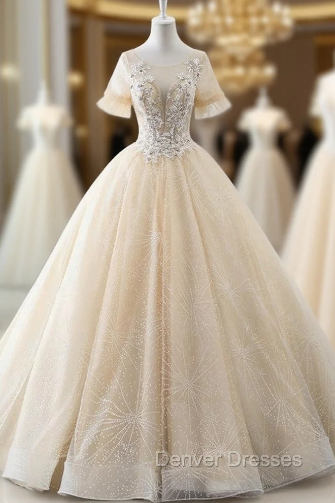 Champagne Ball Gown Tulle Short Sleeve Backless Wedding Dress With Beading Main image