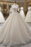 Champagne Ball Gown V-neck Tulle Sequins Appliques Backless Wedding Dress