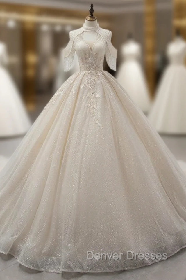Champagne Ball Gown V-neck Tulle Sequins Appliques Backless Wedding Dress Main image