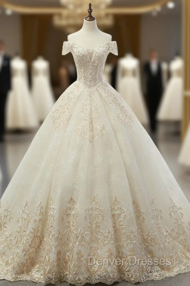 Champagne BallGown Tulle Appliques Off The Shoulder Wedding Dress