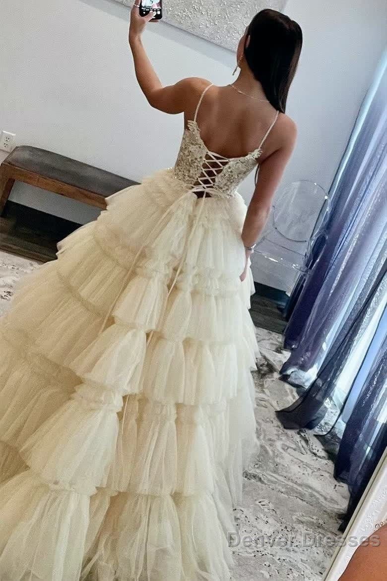 Champagne Beaded Spaghetti Strap Ruffle Tiered Ball Gown Secondary image