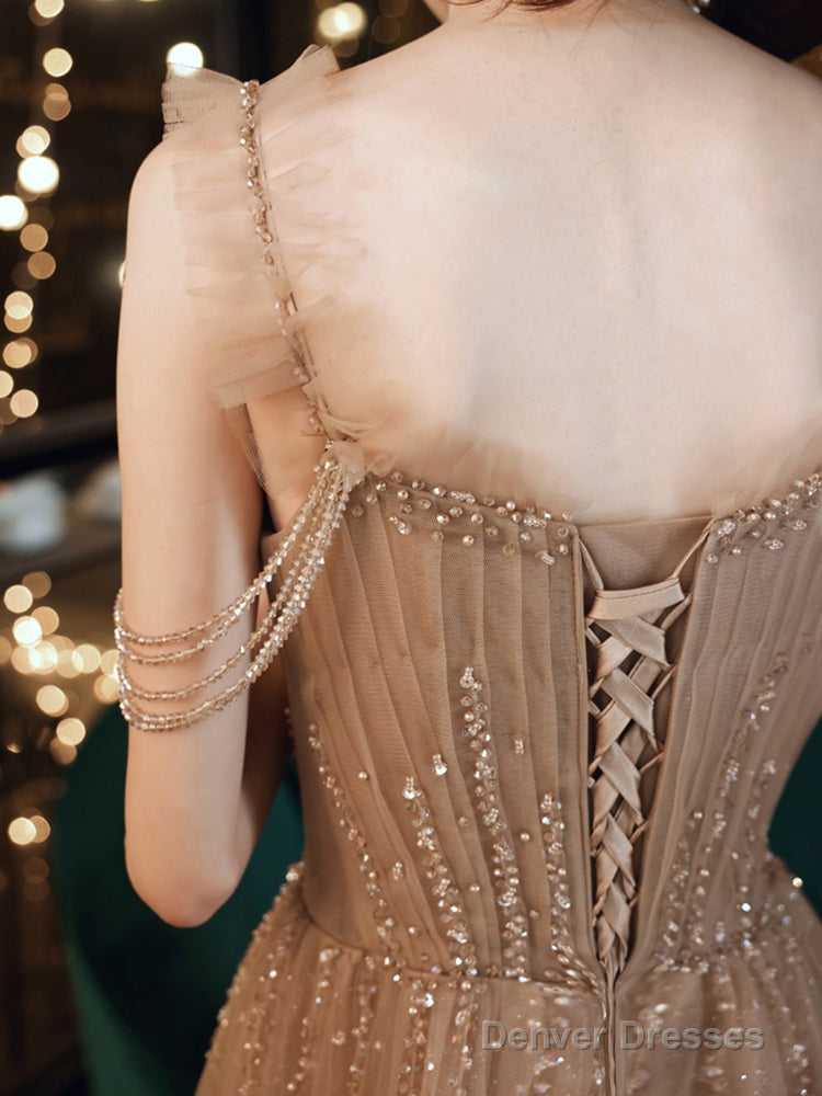 Champagne Beaded Tulle Straps Long Party Dresses, A-Line Tulle Formal Dresses Prom Dresses