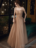 Champagne Beaded Tulle Straps Long Party Dresses, A-Line Tulle Formal Dresses Prom Dresses