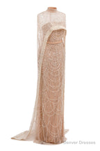 Pearl Pink Beading Prom Dresses Sweep Train High Neck Zipper Sleeveless Evening Dresses