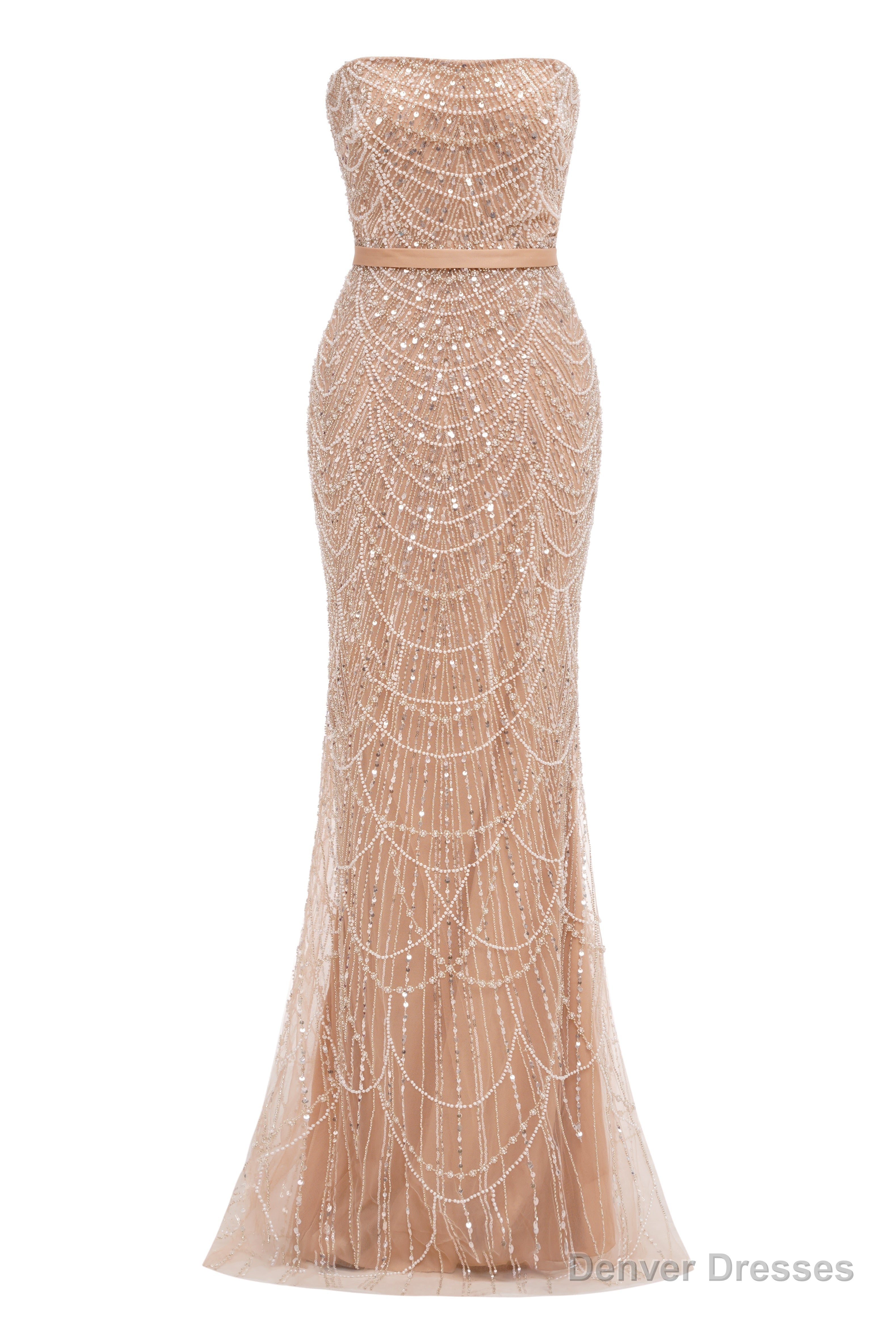 Champagne Beading Prom Dresses Sweep Train High Neck Zipper Sleeveless Fromal Dresses Main image