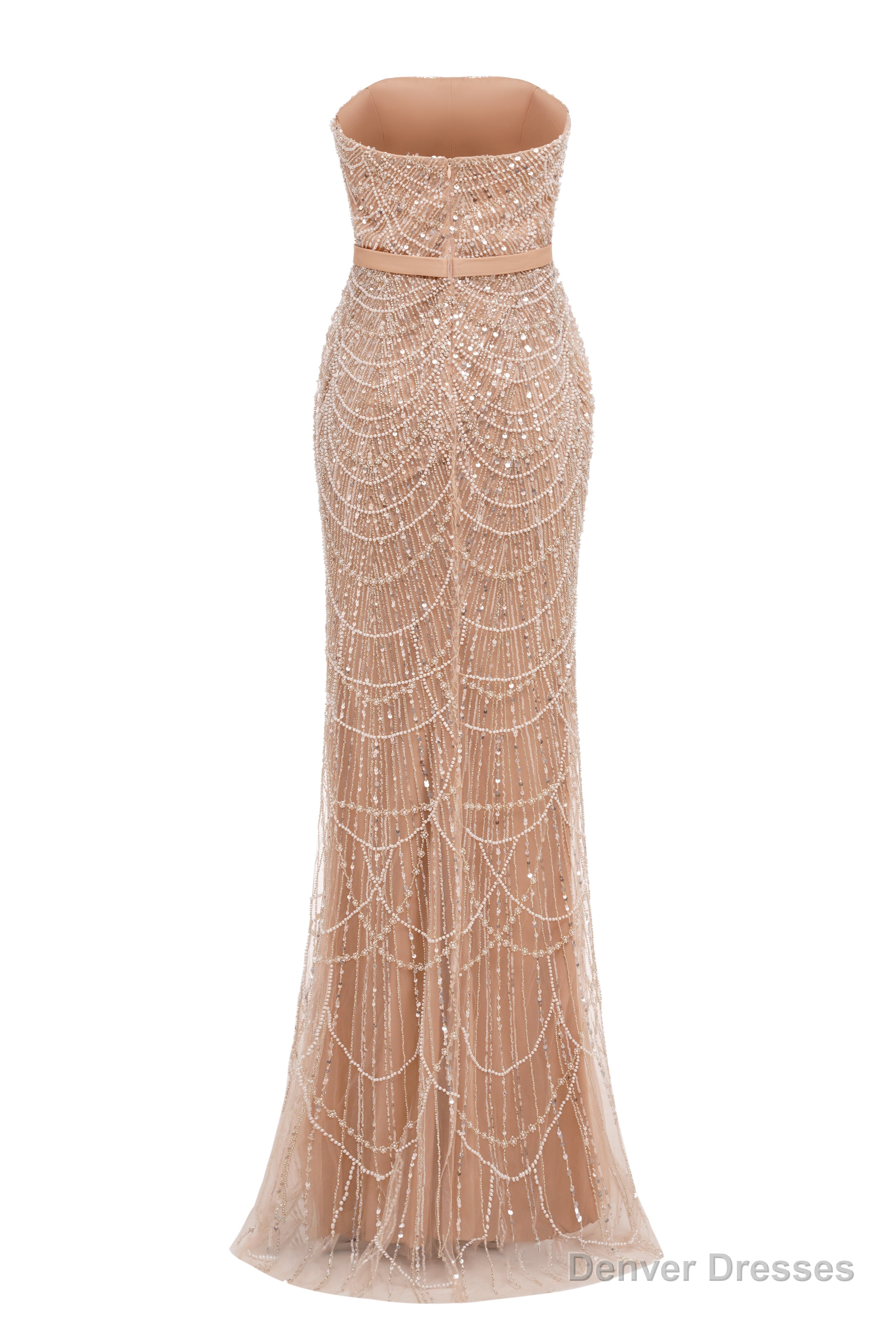 Pearl Pink Beading Prom Dresses Sweep Train High Neck Zipper Sleeveless Evening Dresses