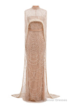 Pearl Pink Beading Prom Dresses Sweep Train High Neck Zipper Sleeveless Evening Dresses