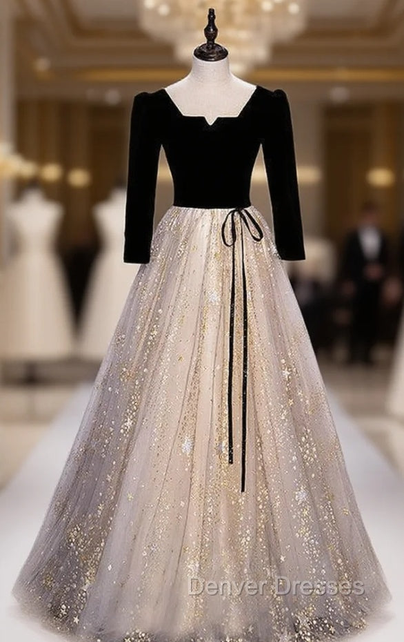 Champagne Black Tulle Short Sleeve Sequins prom Dress