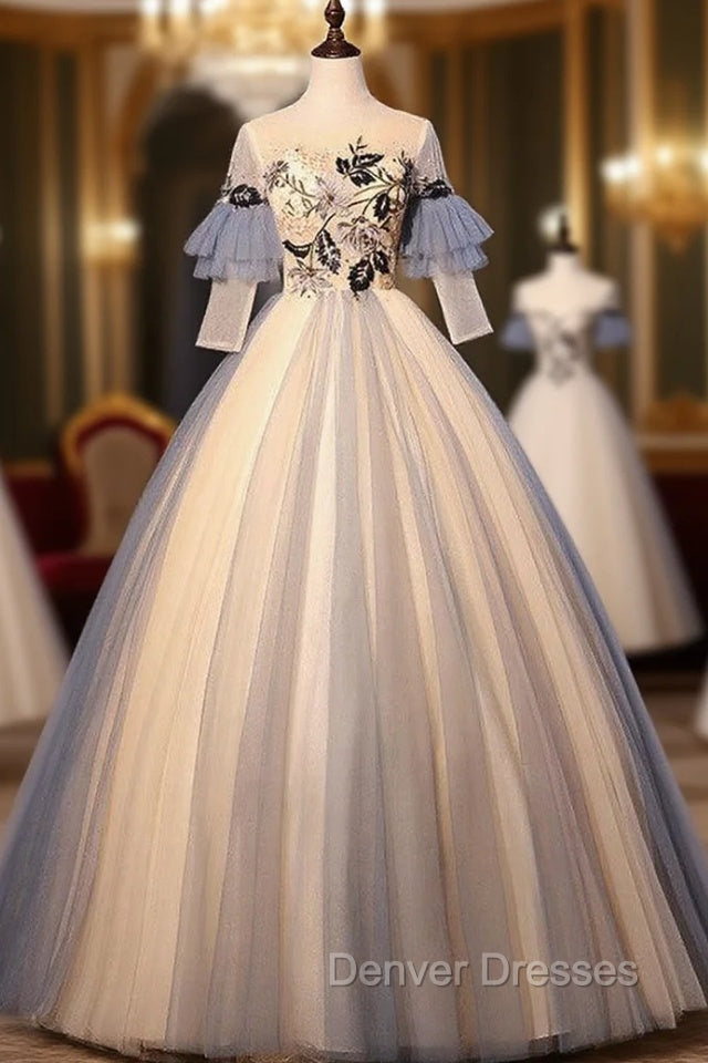 Champagne Blue Tulle Short Sleeve Backless Appliques Quinceanera Dress Main image