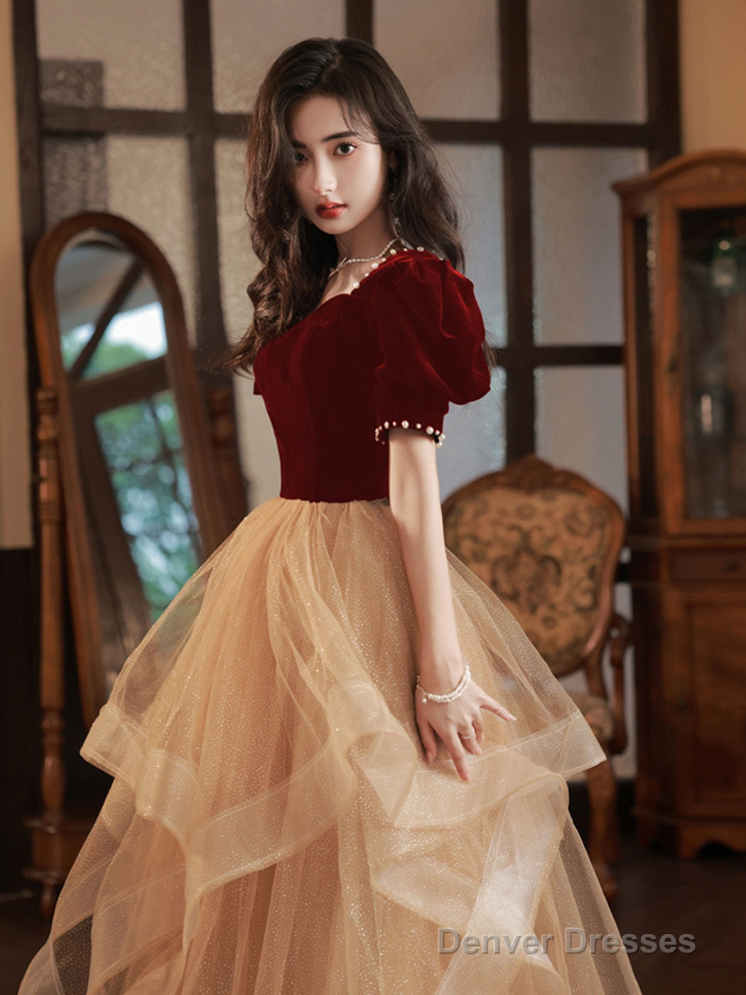 Champagne/Burgundy Tulle Long Prom Dresses, Champagne Formal Evening Dress