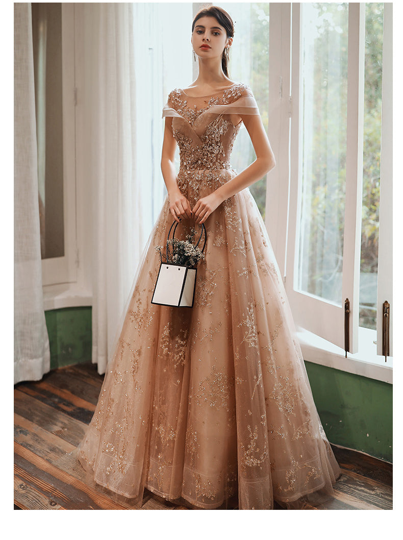 Champagne Cap Sleeves Tulle Long Party Dress, New Style Long Prom Dress Party Dress Secondary image