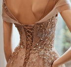 Champagne Cap Sleeves Tulle Long Party Dress, New Style Long Prom Dress Party Dress