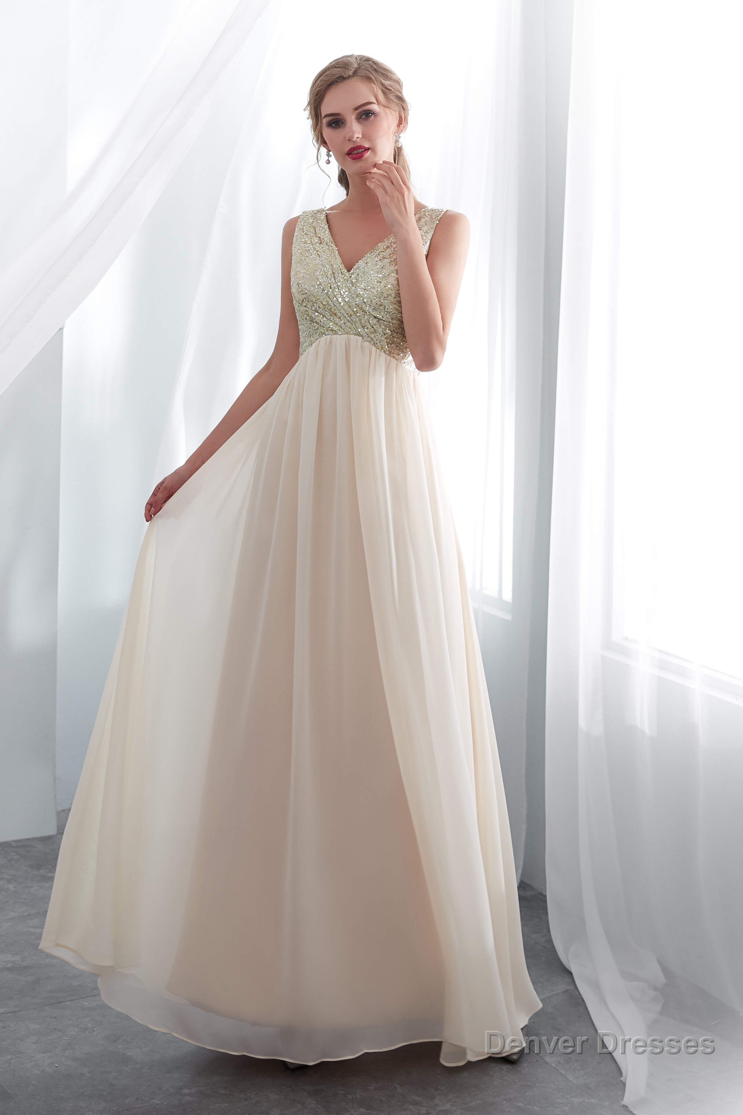 Champagne Chiffon Backless Long Prom Dresses with Sequins Main image