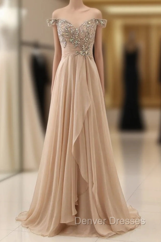 Champagne Chiffon Off The Shoulder Pleats Prom Dress With Crystal Main image