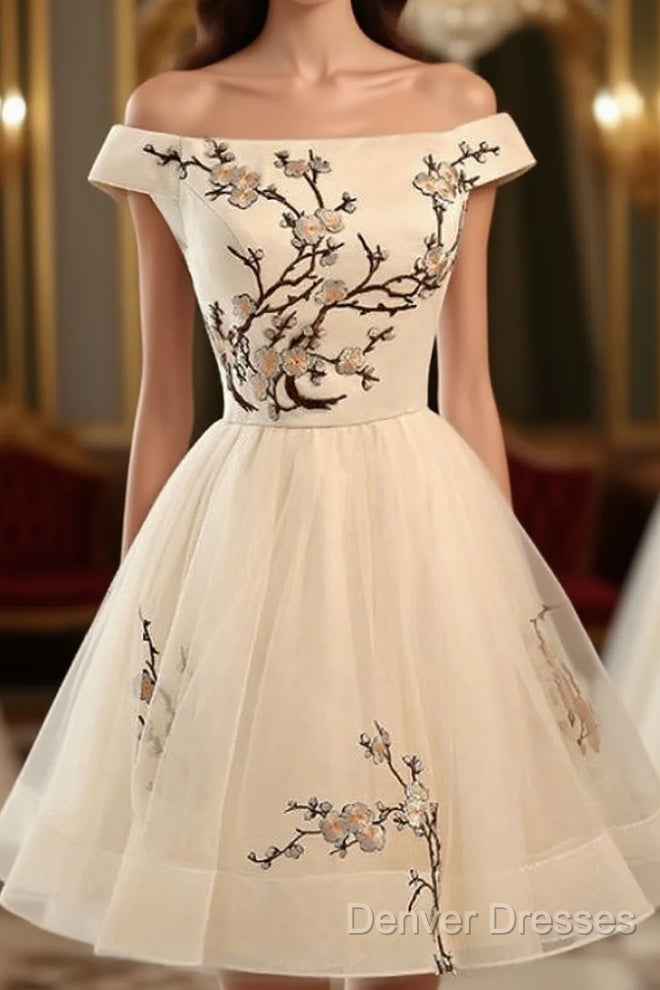 Champagne Embroidery Homecoming Dress,Tulle Short Party Dress