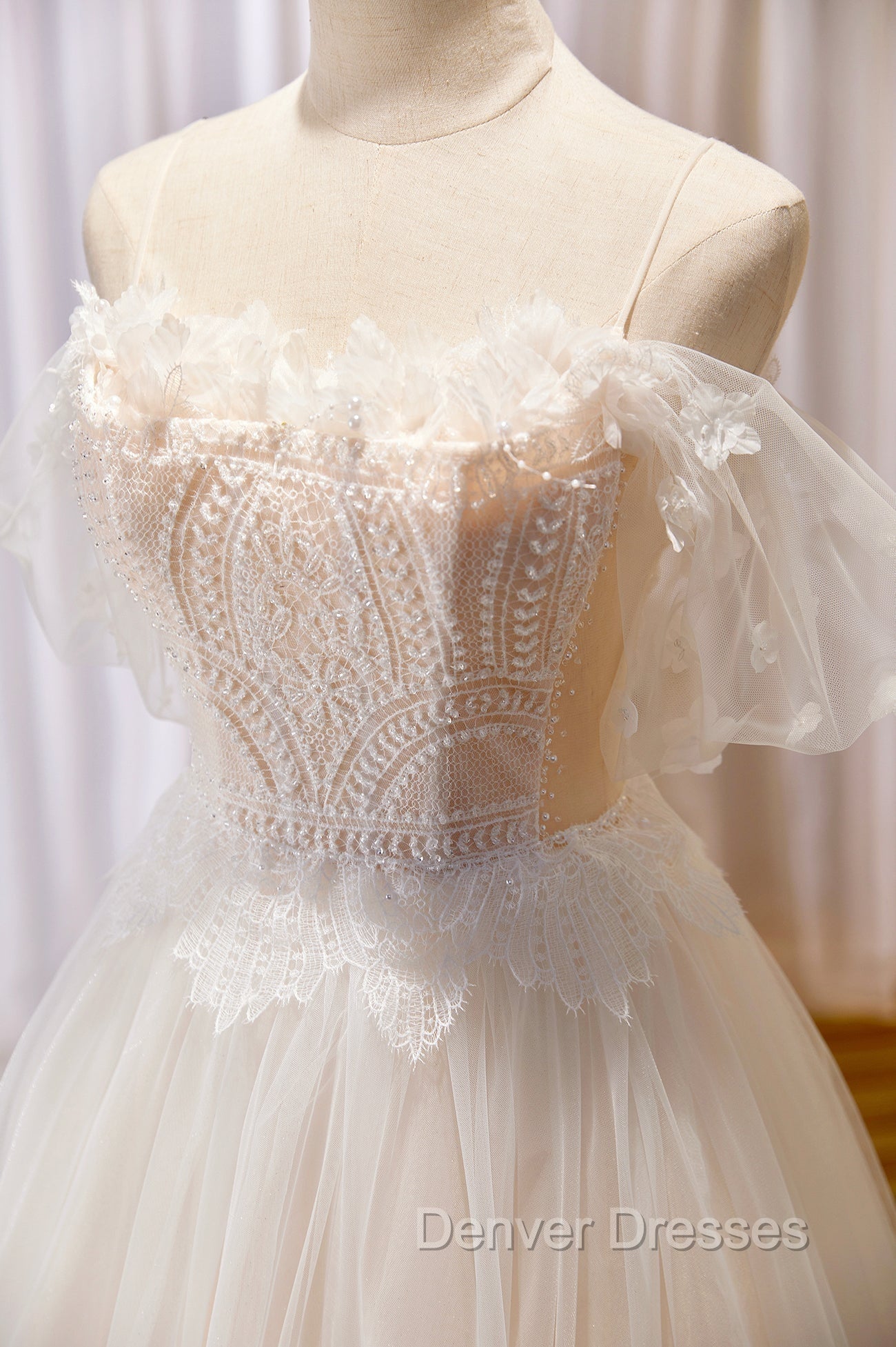 Champagne Floor Length Lace Long Prom Dress, Off the Shoulder Evening Dress Secondary image