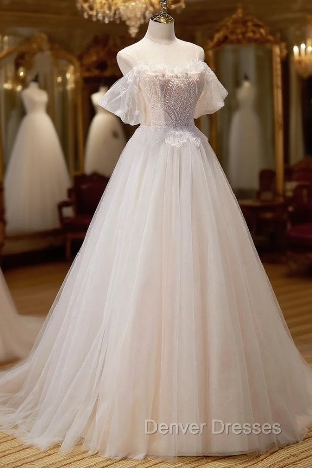 Champagne Floor Length Lace Long Prom Dress, Off the Shoulder Evening Dress